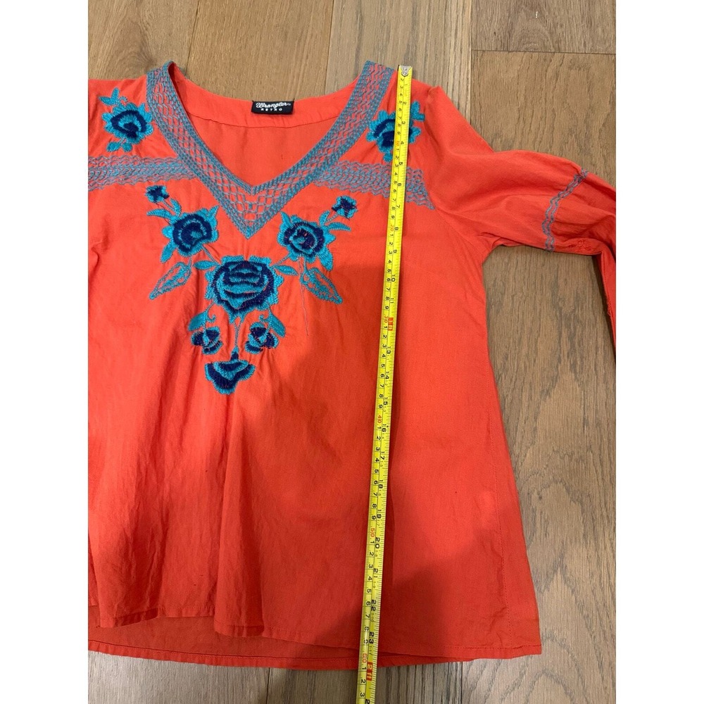 Wrangler Retro Orange and Blue‎ Embroidered Bell Sleeve Blouse Top S Western - Picture 8 of 8
